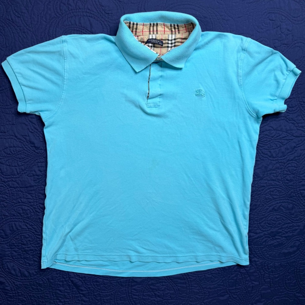Burberry London Mens XXL Turquoise Blue Nova Check Collar Polo Shirt Pique Read